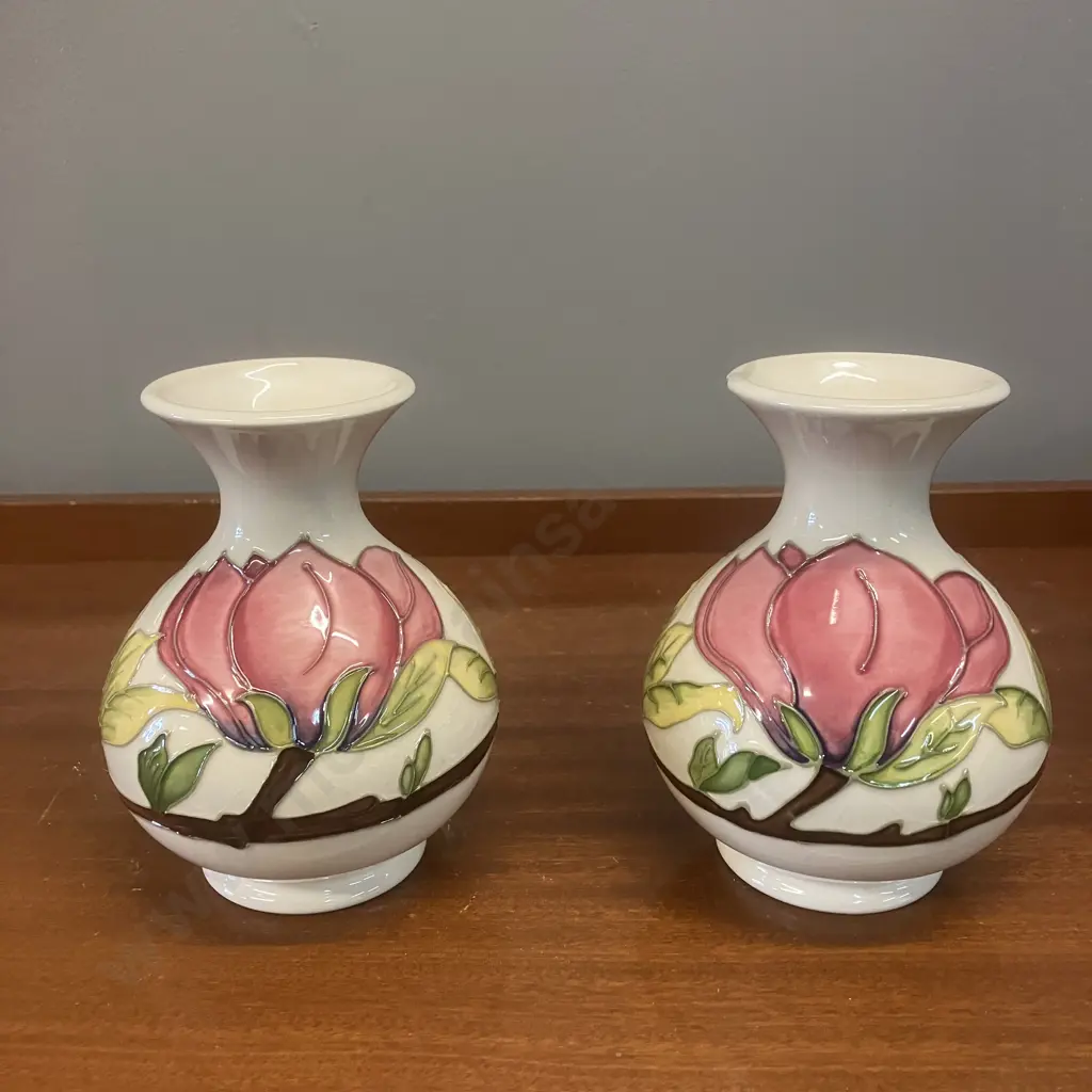 Pair of Moorcroft Magnolia Pattern Posy Vases. 13.5cm (1 Has a Chipped Rim) Image 1++
