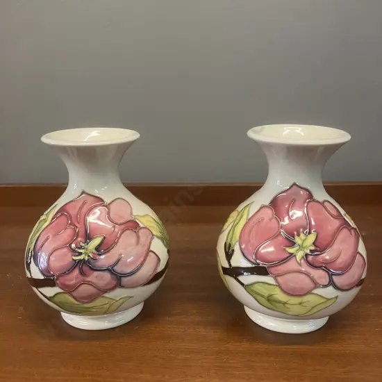 Pair of Moorcroft Magnolia Pattern Posy Vases. 13.5cm (1 Has a Chipped Rim)