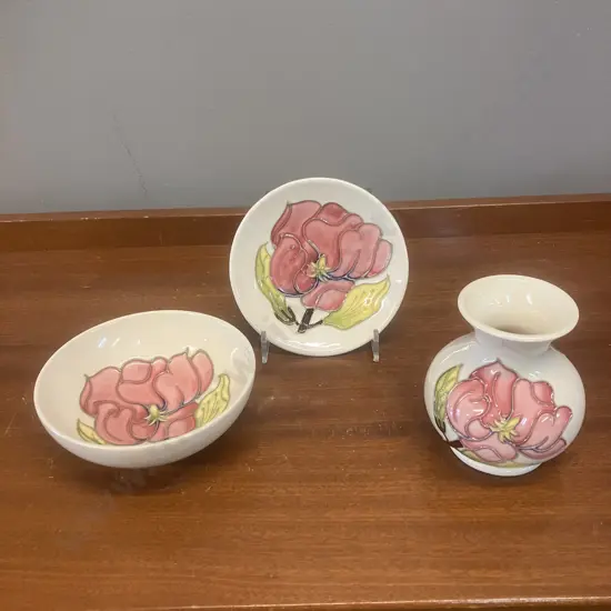 Moorcroft Magnolia Pattern Bud Vase & 12cm Bowl & Pin Dish (Bud Vase Signed by John Moorcroft)