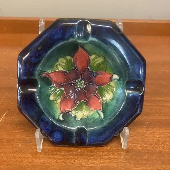 Moorcroft Pottery Columbine Pattern Octagonal Ashtray, Signed, c1950s. W11cm