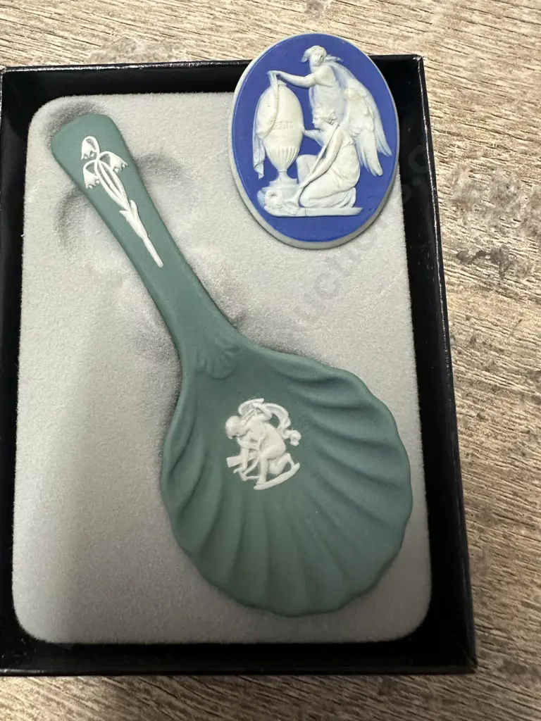 Wedgwood Blue Jasperware Cameo From A Brooch & Teal Green Christening Spoon Image 1++
