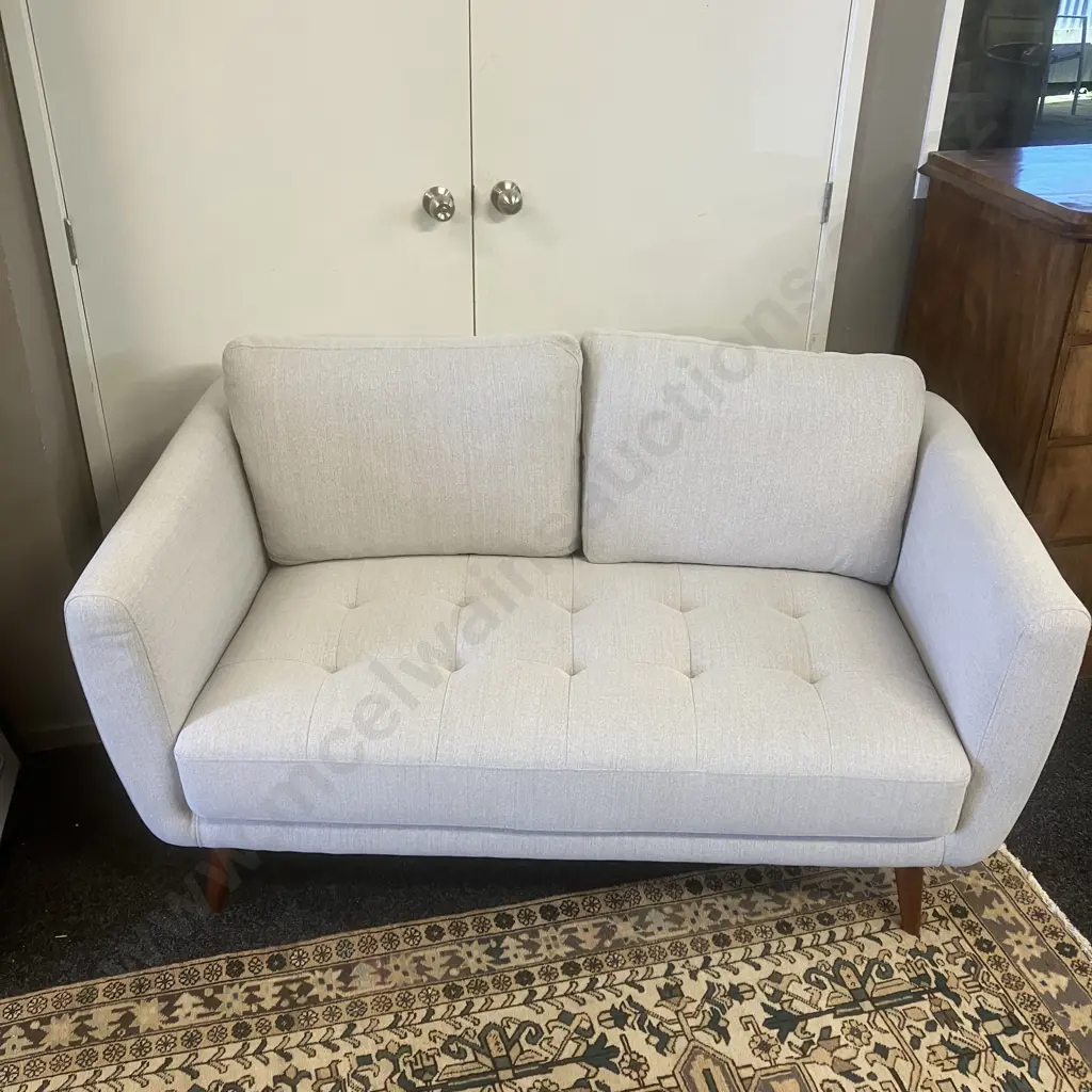 Mid-Century Modern Two Seater White Fabric Sofa Ex Target. H86 W158 D91cm Image 1++
