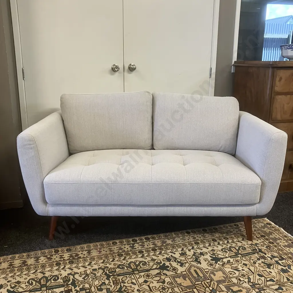 Mid-Century Modern Two Seater White Fabric Sofa Ex Target. H86 W158 D91cm Image 1++