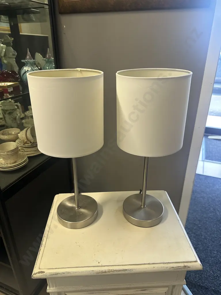 Pair Of Living & Co Table Lamps Brushed Chrome Bases With Cream Shades Image 1++