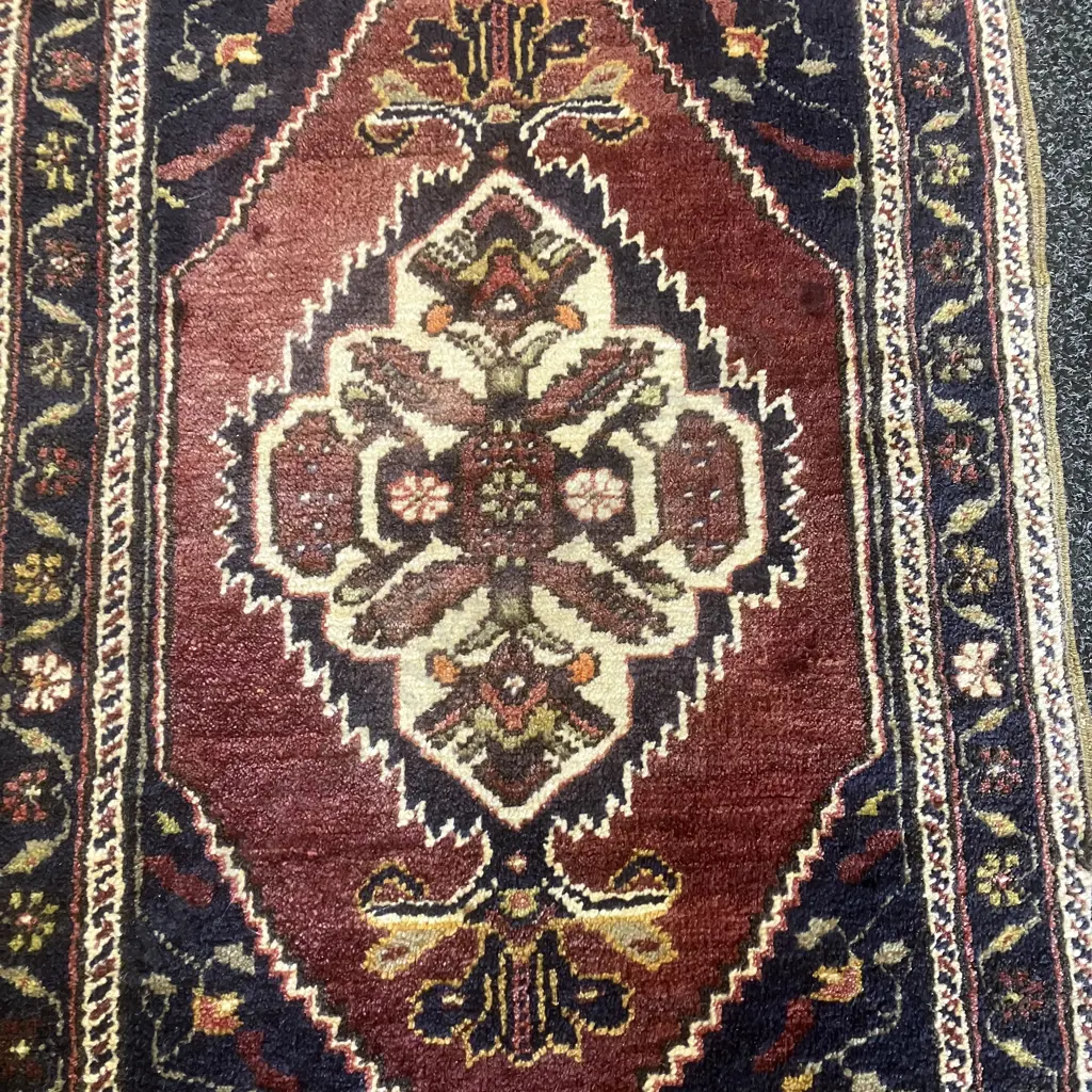 Vintage Hand Knotted Turkish Rug - Blues & Reds 116 x 63cm Image 1++