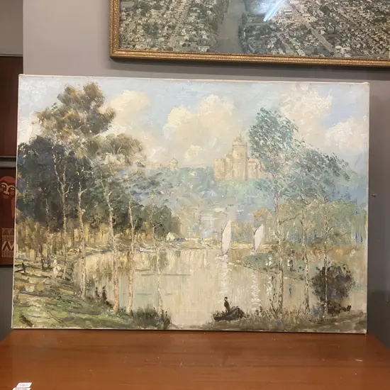Will Longstaff Original Oil On Canvas - Lake Scene With Boats & Trees Signed. 64 x 89cm