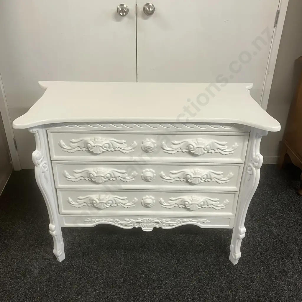 Chateau French Style White Painted Chest Of 3 Drawers. H79 W104.5 D50cm Image 1++