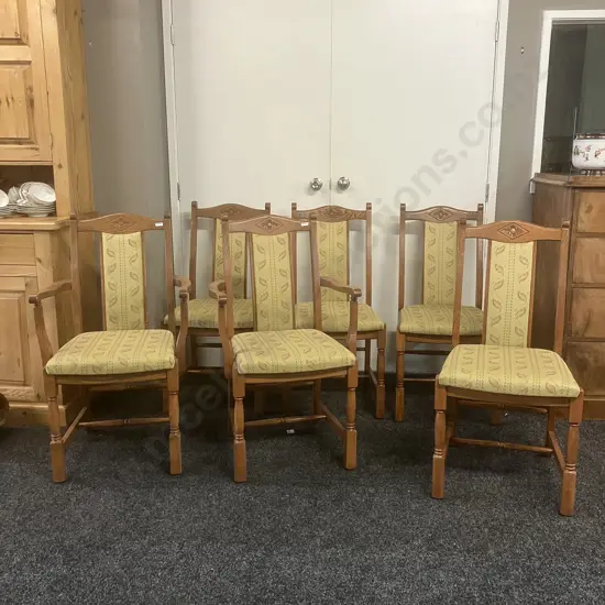 Set of 6 Jaycee Furniture (Brighton England) Solid Oak Upholstered Back Dining Chairs Including 2 Carvers
