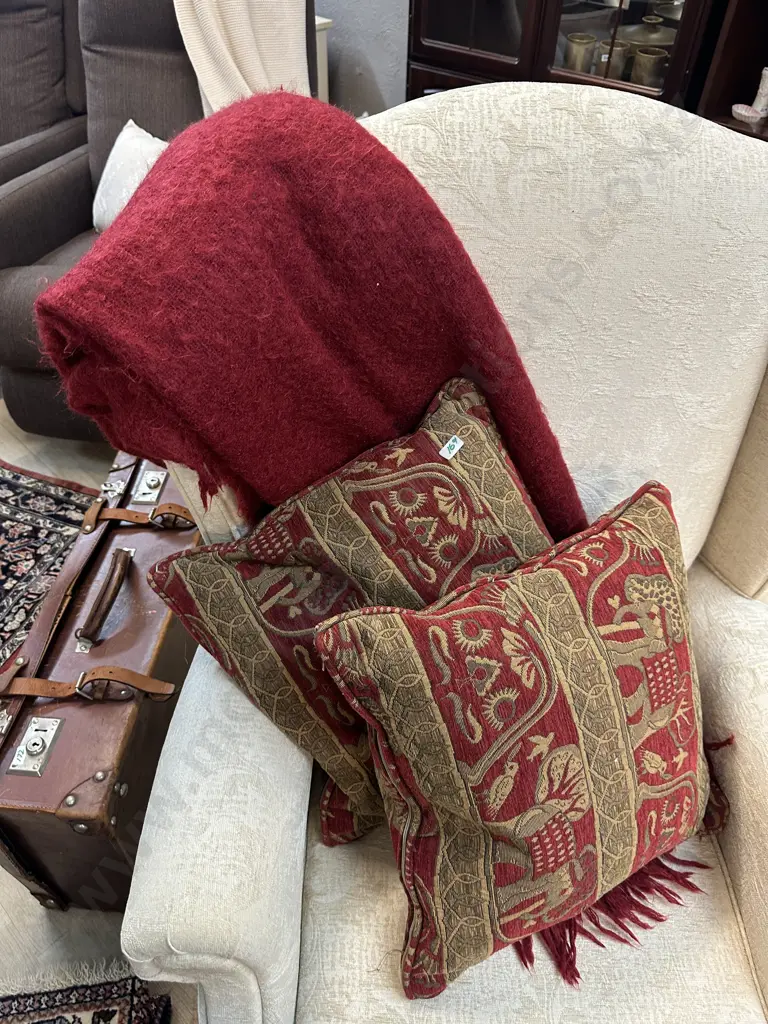 Laura Ashley Home Red Mohair Throw & Pair of Red & Tan Cushions With Elephant Pattern Image 1++