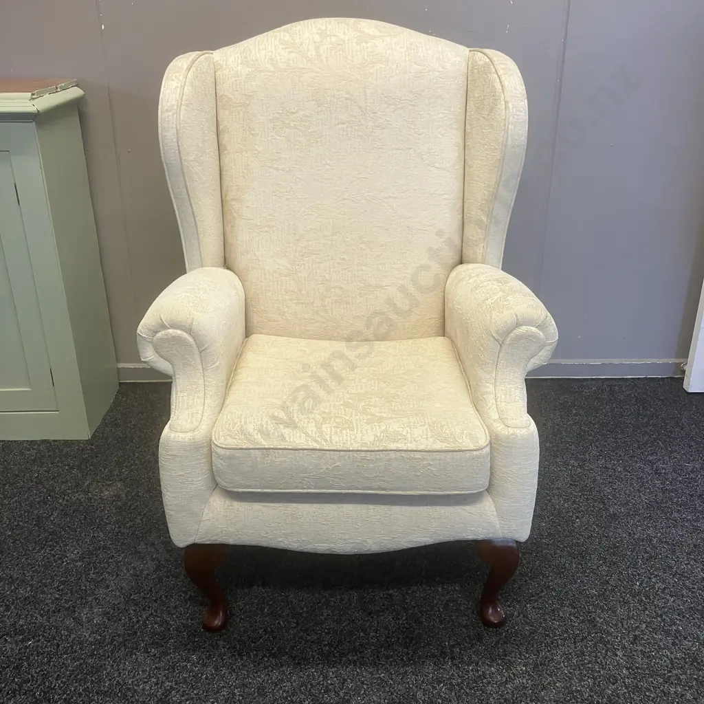 Wingback Armchair With White Embossed Upholstery & Cabriole Legs - Jade Classic Design Surrey Chair Image 1++