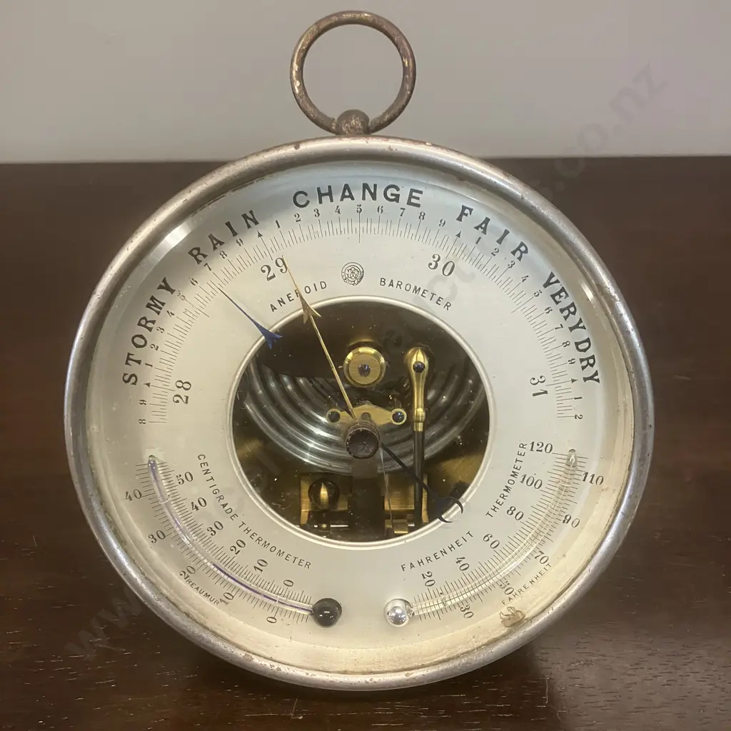 Antique Scarce Brass Aneroid Barometer With Twin Thermometers, Hanging Ring At Top. Dia 14cm Image 1++