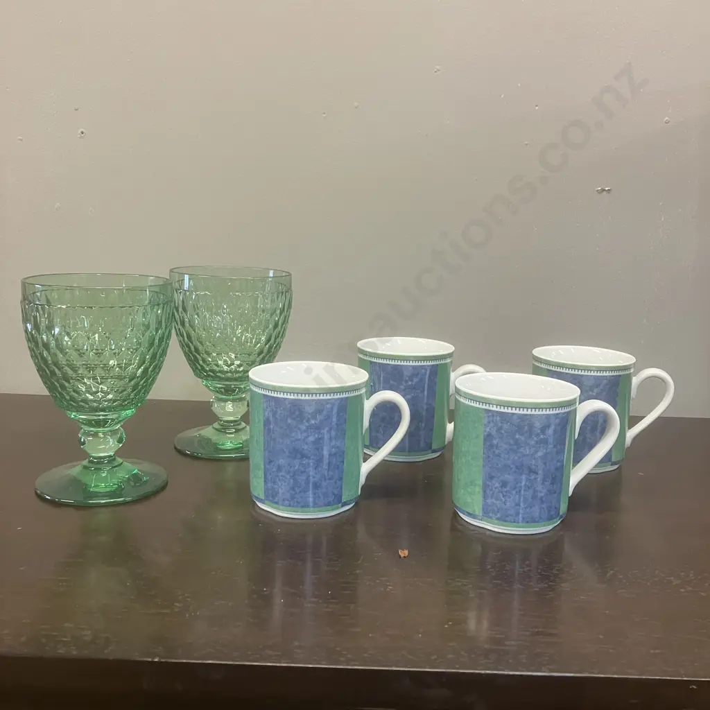 Set of 4 Villeroy & Boch Switch 3 Costa Coffee Mugs, Pair of Villeroy & Boch Boston Green Water Goblets Image 1++