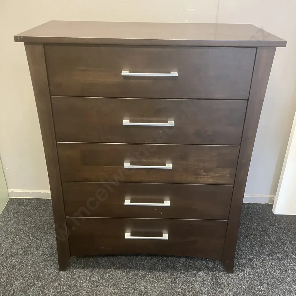 Northwood Furniture (NZ) Dark Stained 5 Drawer Tallboy With Rectangular Brushed Pewter Handles. H110 W90 D45cm Image 1++
