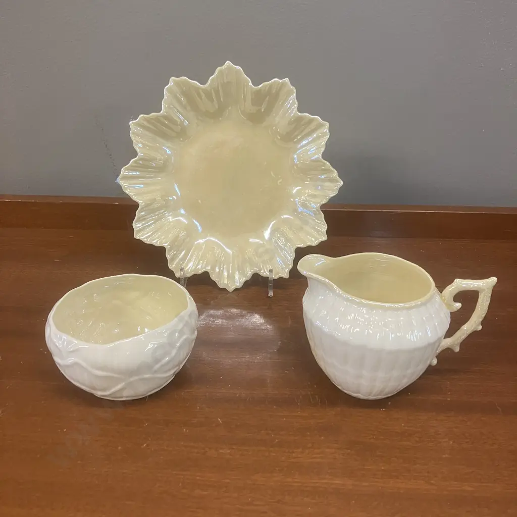 Three Belleek Ivory & Yellow Pieces - Green Back Stamp, Made In Ireland Image 1++