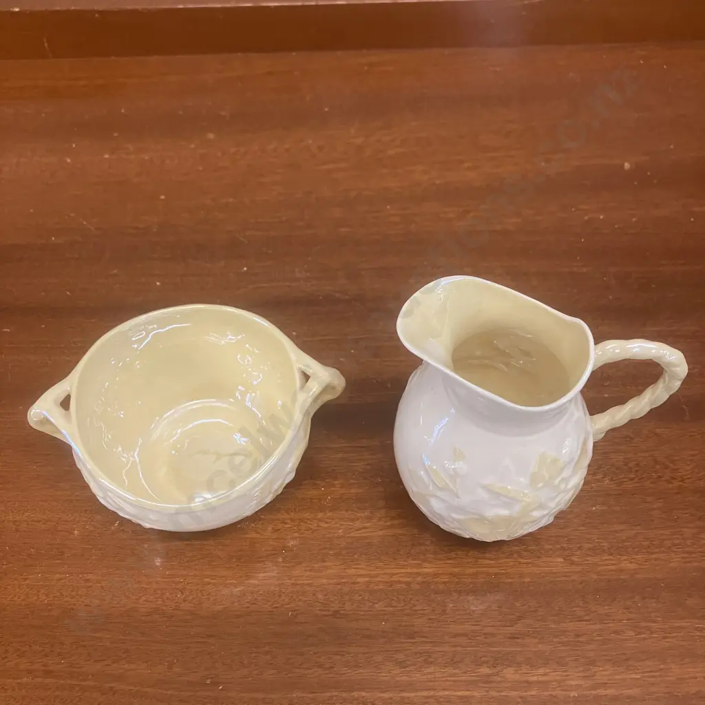 Belleek Ivy Pattern Ivory & Yellow Creamer & Sugar Bowl - Green Back Stamp, Made In Ireland Image 1++