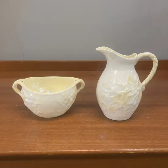 Belleek Ivy Pattern Ivory & Yellow Creamer & Sugar Bowl - Green Back Stamp, Made In Ireland