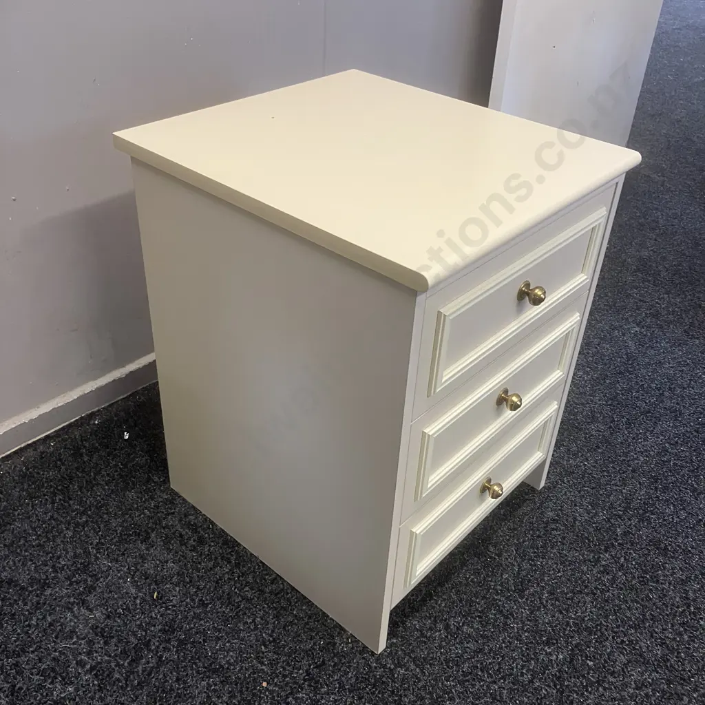 White 3 Drawer Bedside With Brass Handles. H59 W45 D49cm Image 1++