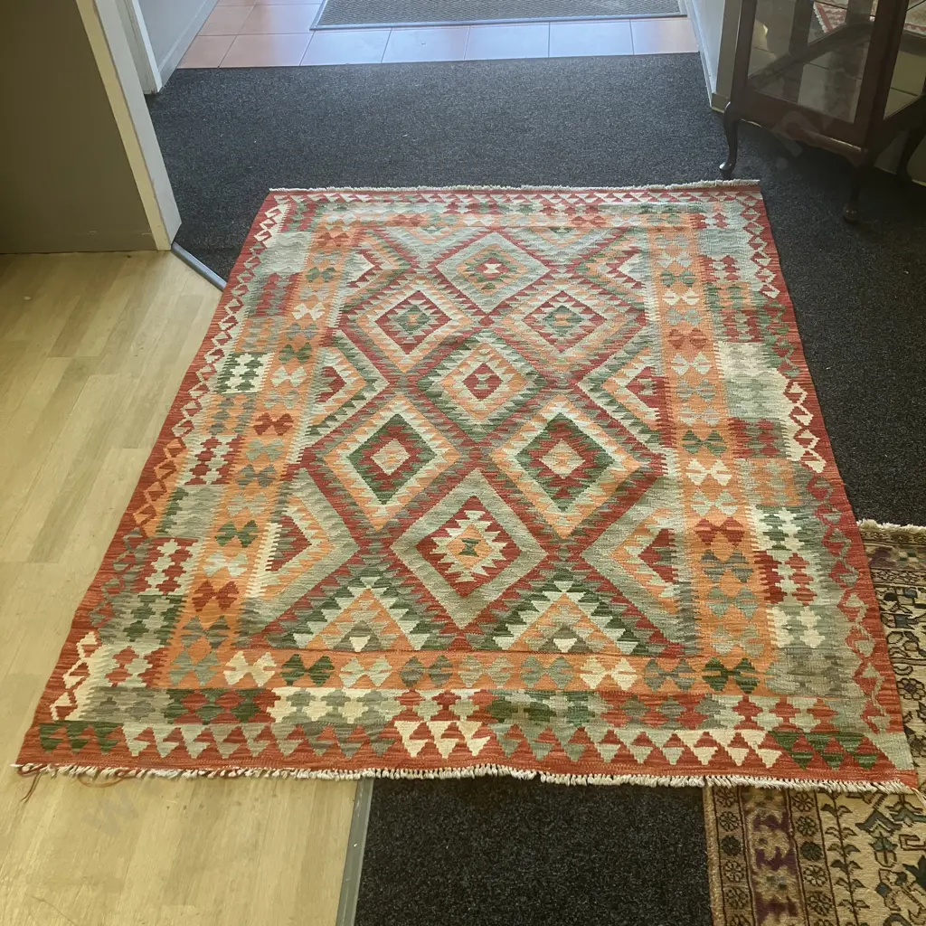 Floor Rug - Reds, Greens, Orange Geometric Patterned. 155 x 198cm Image 1++