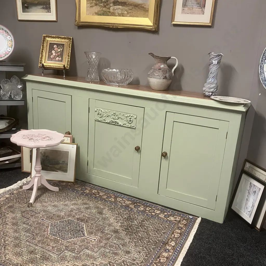 Large Sideboard / Cupboard Base Painted Green With Natural Top. H94 W201 D37cm (Top Loose) Image 1++