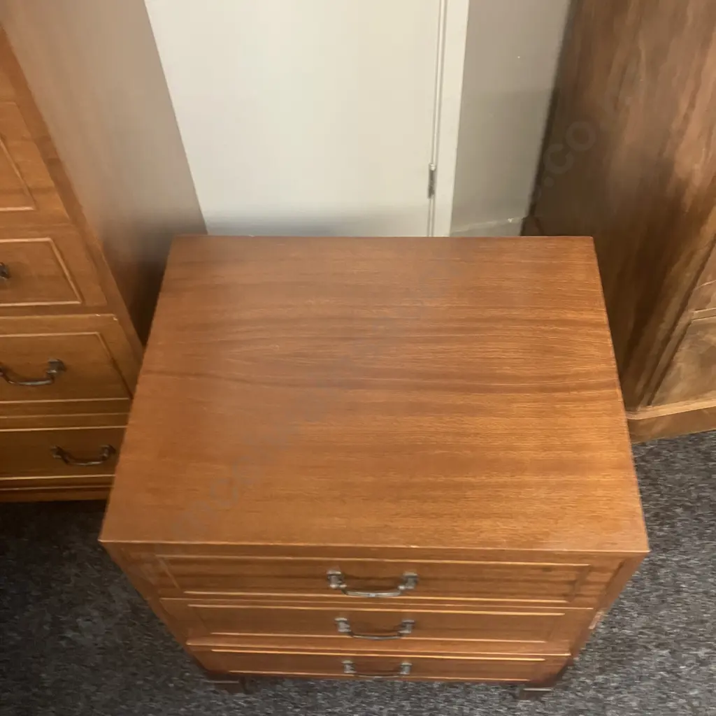 Mid Century Modern Bedroom Suite - Pair of 3 Drawer Bedsides With 5 Drawer Tallboy (H111 W76 D39.5cm) Image 1++