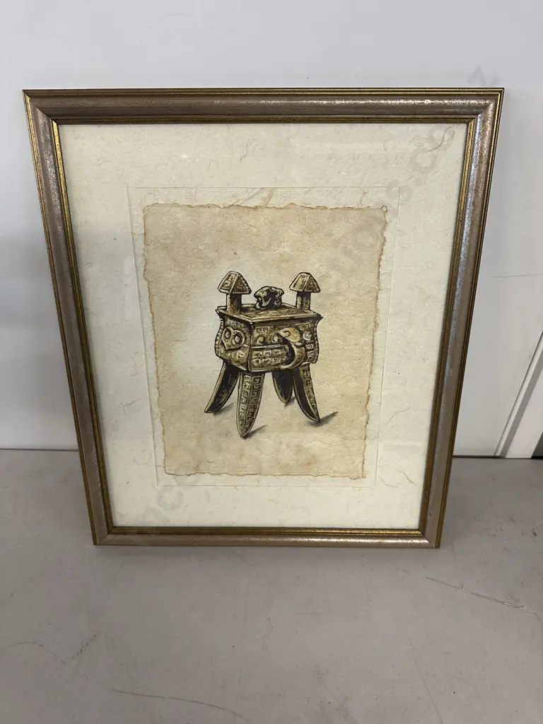 Gilt Framed Coffee Painting On Mulberry Paper & Chinese Bronze Art Vessel H50,W42cm. Image 1++