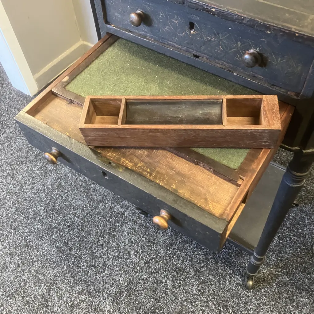 Antique Japanned 2 Drawer Desk Side Table With Writing Platform, On Castors. H74 W44.5 D35cm Image 1++