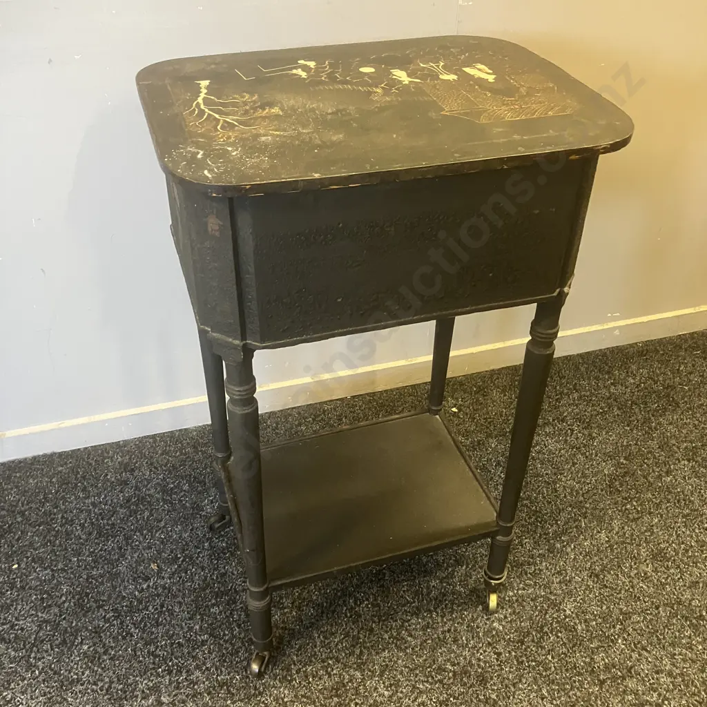 Antique Japanned 2 Drawer Desk Side Table With Writing Platform, On Castors. H74 W44.5 D35cm Image 1++