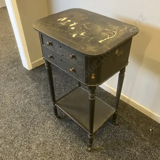 Antique Japanned 2 Drawer Desk Side Table With Writing Platform, On Castors. H74 W44.5 D35cm