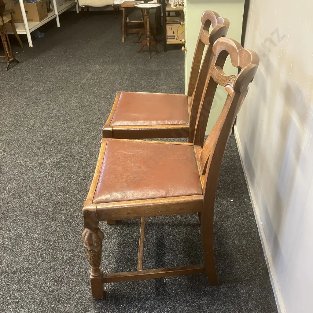 Pair of Antique Art Deco Side Chairs, Curved Back, Carved Legs With Brown Leather Upholstered Seats Image 1++