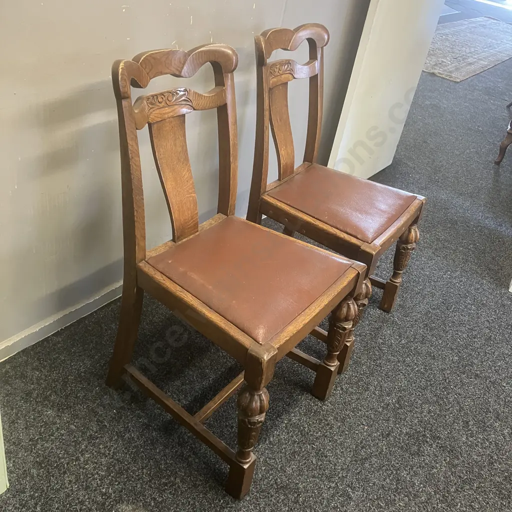 Pair of Antique Art Deco Side Chairs, Curved Back, Carved Legs With Brown Leather Upholstered Seats Image 1++