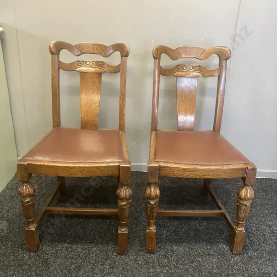 Pair of Antique Art Deco Side Chairs, Curved Back, Carved Legs With Brown Leather Upholstered Seats