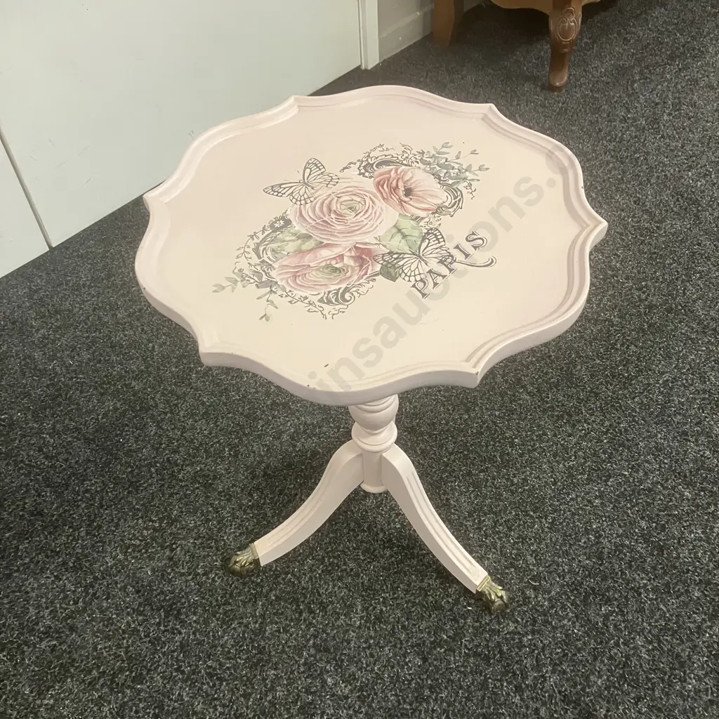 Pink Painted French Country Style Pedestal Table, Bevelled Top, Brass Claw Feet. 51 x 40.5cm Image 1++