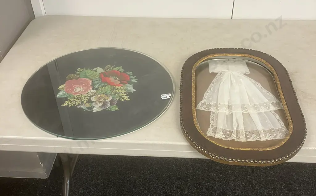 Lace Christening Gown In Antique Frame With Domed Glass Front & Round Needlepoint Table Top Cover With Glass Image 1++