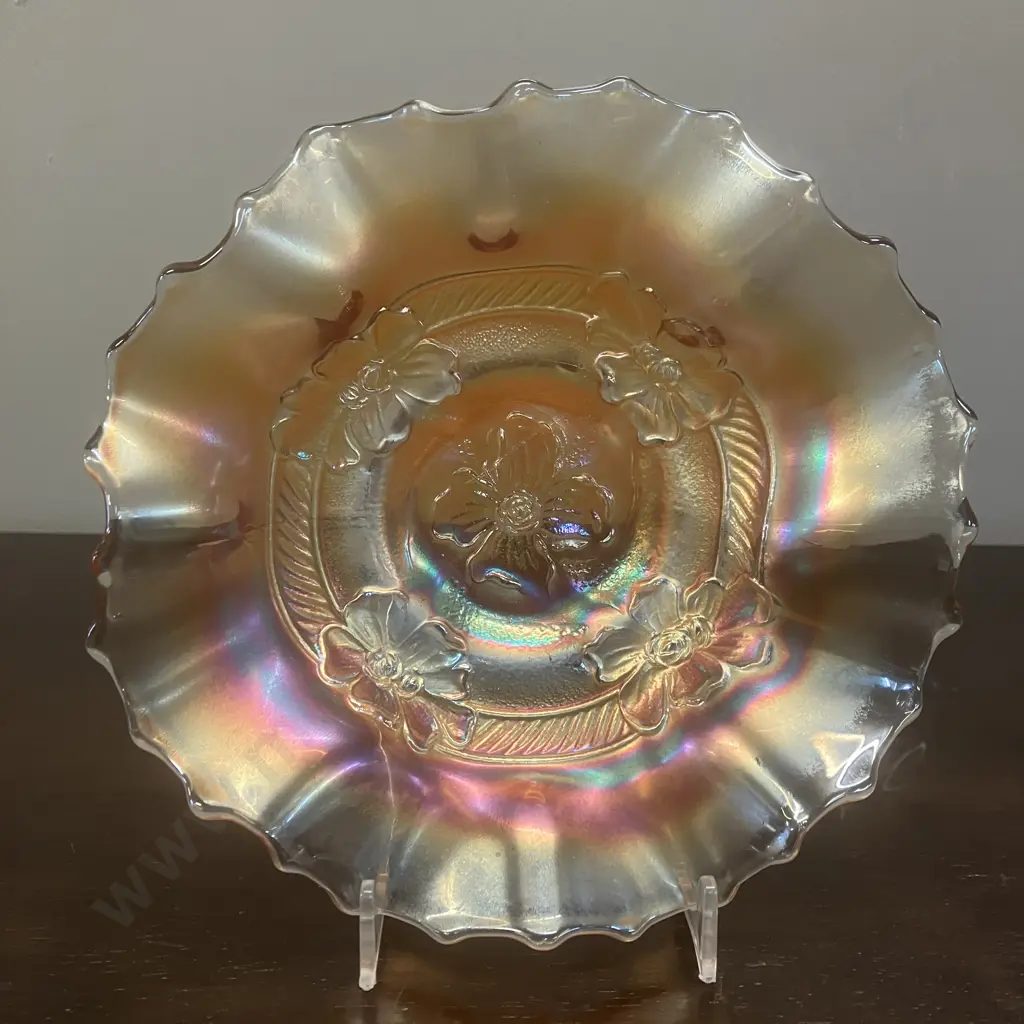 1920's Dugan Opalescent Carnival Glass Apple Blossom Marigold Ruffled 19cm Bowl Image 1++