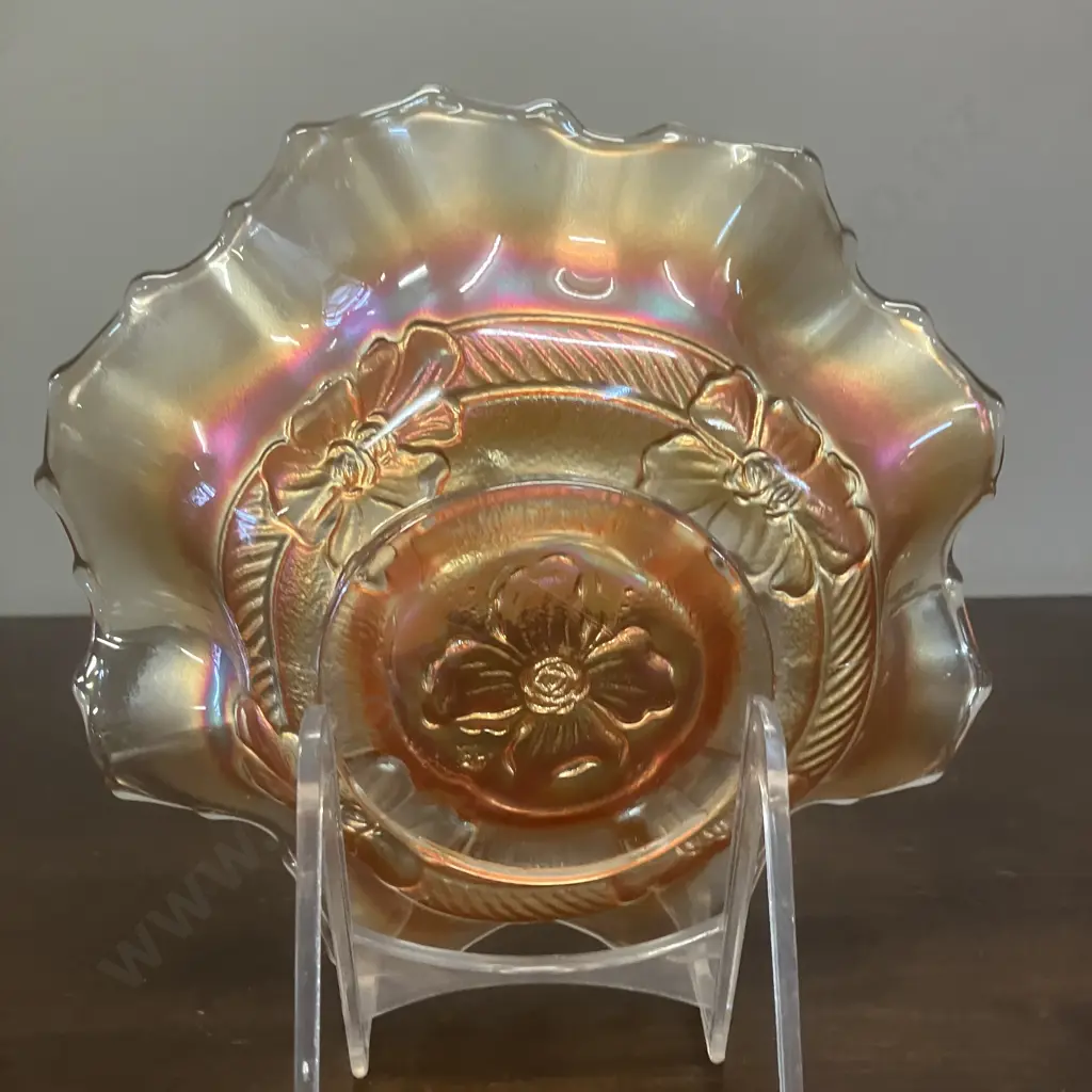 1920's Dugan Opalescent Carnival Glass Apple Blossom Marigold Ruffled 19cm Bowl Image 1++