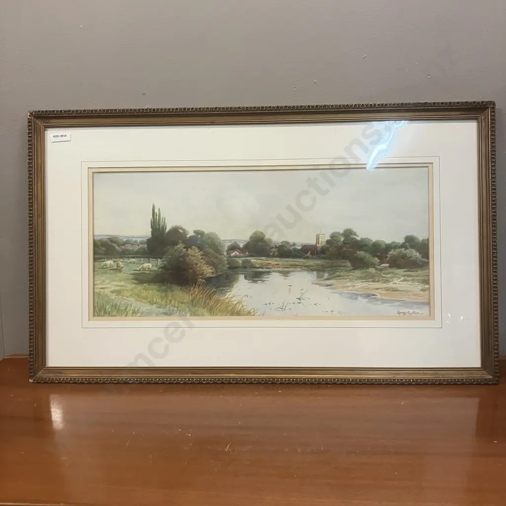 George Oyston (c1860) Original Watercolour - Peaceful River Landscape With Church & Sheep Grazing. Signed. 42 x 71cm Image 1++