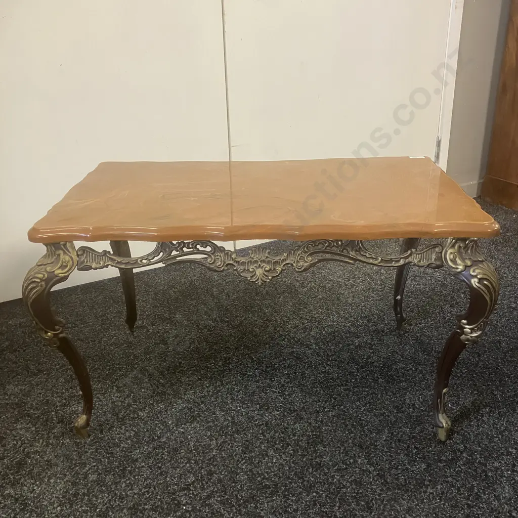 Brown Marble Effect Side Table With An Ornate Brown & Gold Colour Metal Base. H41 W71 D41cm Image 1++