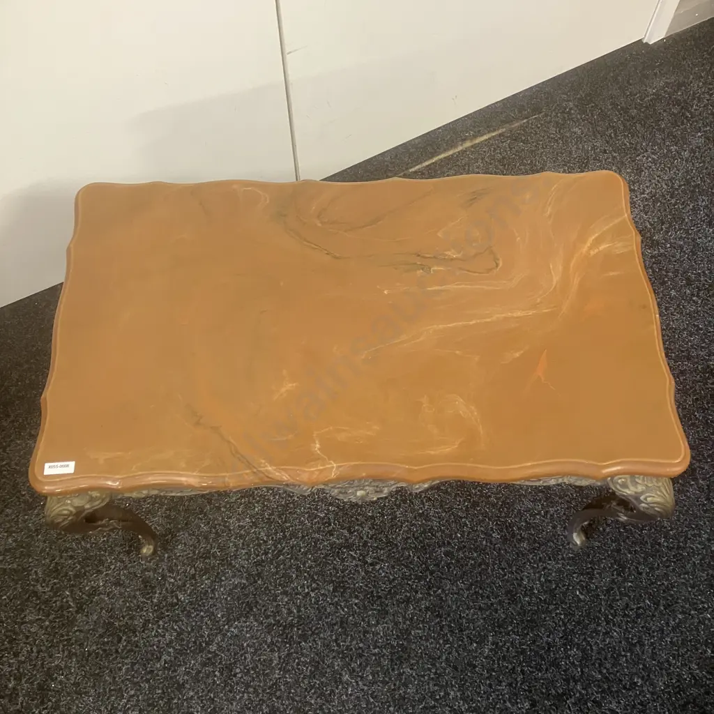 Brown Marble Effect Side Table With An Ornate Brown & Gold Colour Metal Base. H41 W71 D41cm Image 1++