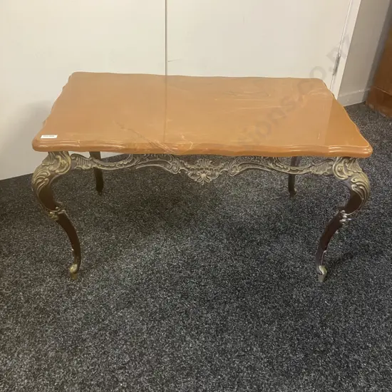 Brown Marble Effect Side Table With An Ornate Brown & Gold Colour Metal Base. H41 W71 D41cm
