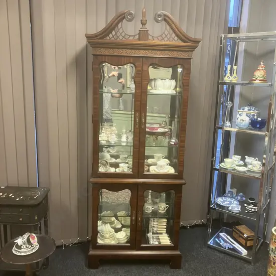 Mahogany 4 Door Display Cabinet. Shaped Bevelled Glass, Mirror Backed, Glass Shelves. Fretwork & Carved H218 W86.5 D36cm