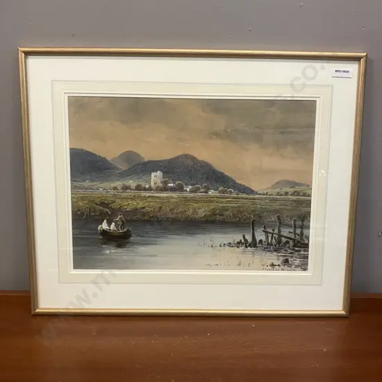 Florence Wilson Original Watercolour - Boat With Village & Hills In Background. Signed. 42 x 52.5cm