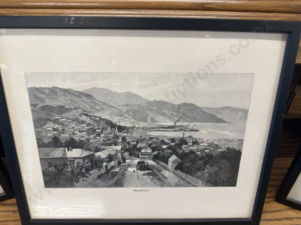 Set Of Three Framed Black & White Artwork Including Queenstown, Auckland & Wellington H33,W40cm. Image 1++
