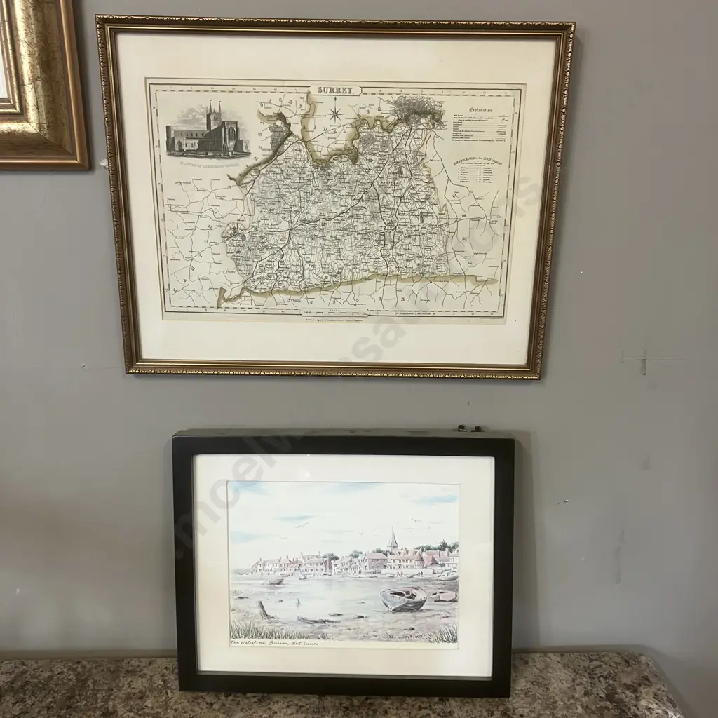 "Surrey" James Pigot 1830s Framed Map & The Waterfront, Bosham, West Sussex By John Mortlock Framed Print Image 1++
