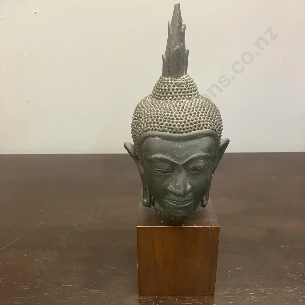 Vintage Thai Buddha Head With Flaming Ushnisha - Copper? On Wood Base. H26cm (Damage to Top) Image 1++