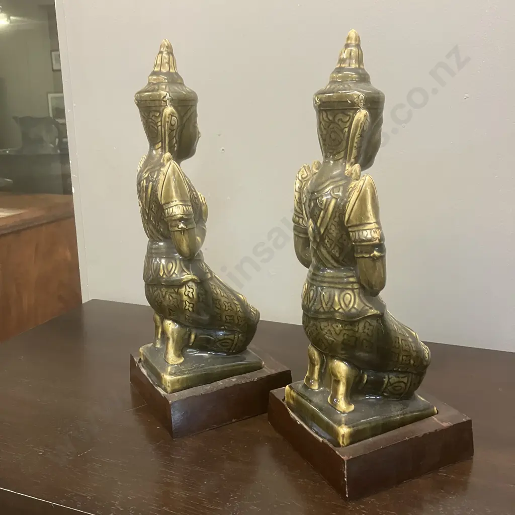 Pair of Vintage Thai Teppanom Guardian Angel Figurines - Kneeling In Prayer, Green Glazed On a Hardwood Base. H38cm Image 1++