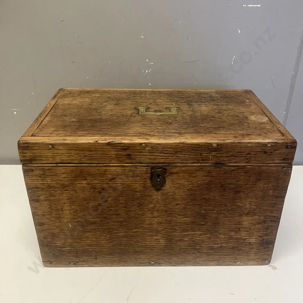 Vintage Oak Box With Brass Campaign Chest Handle. H24.5 W40.5 D25cm Image 1++