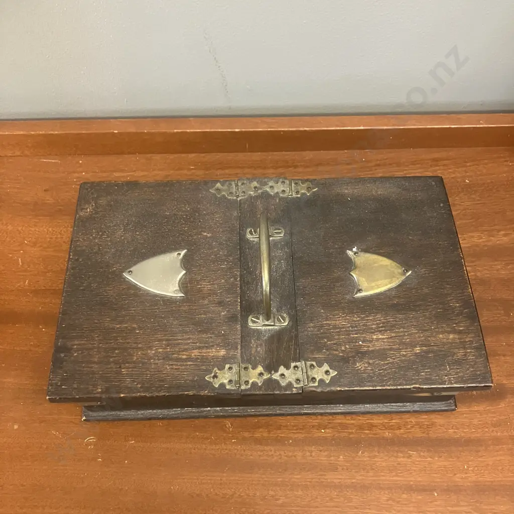 Antique Oak Cigarette Box With Soft Wood Lining. Silver Plate Shield Plaques. H6.5 (Plus Handle) W27.5 D16.5cm Image 1++