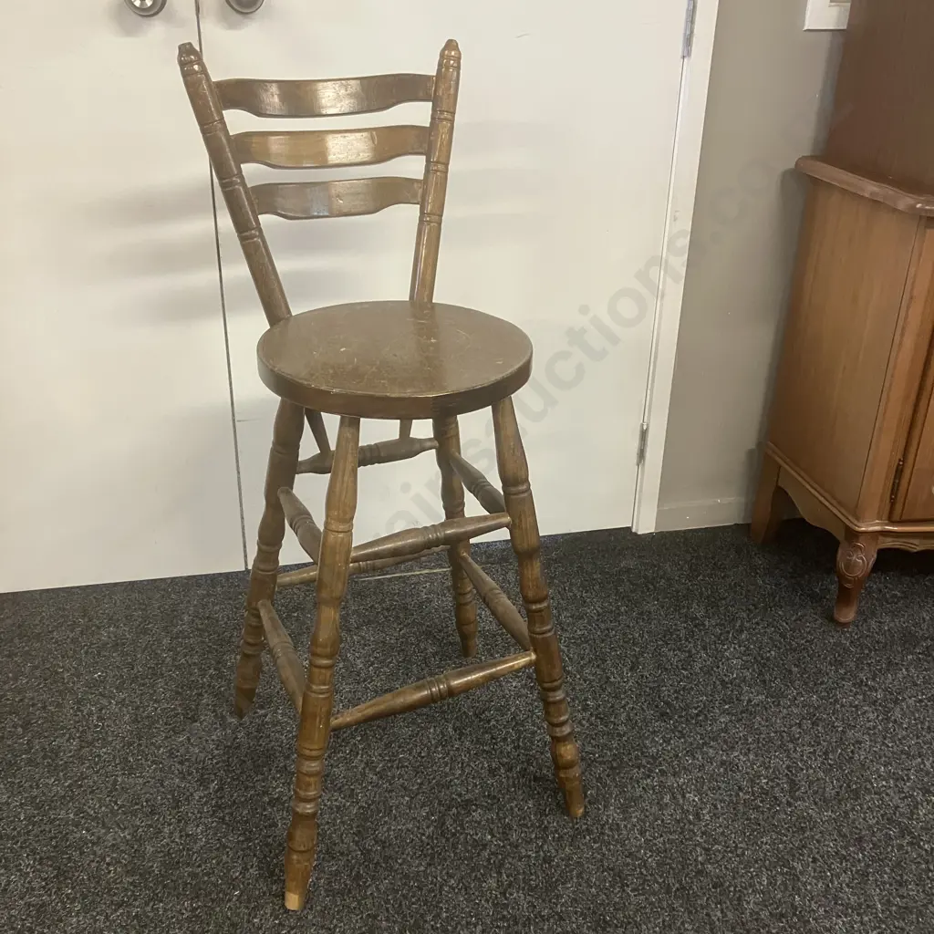 Vintage 70's Oak Ladder-Back Bar Stool. H101cm Image 1++