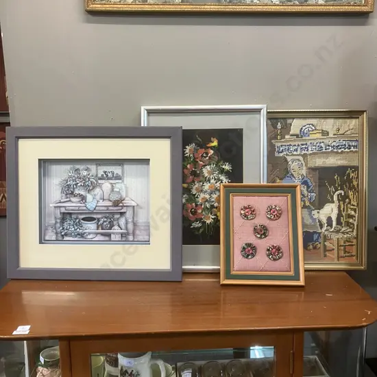 Original Paper Tole by Pat Roser August 2001. 40 x 47cm, Framed Needle Points & Button Art Pieces