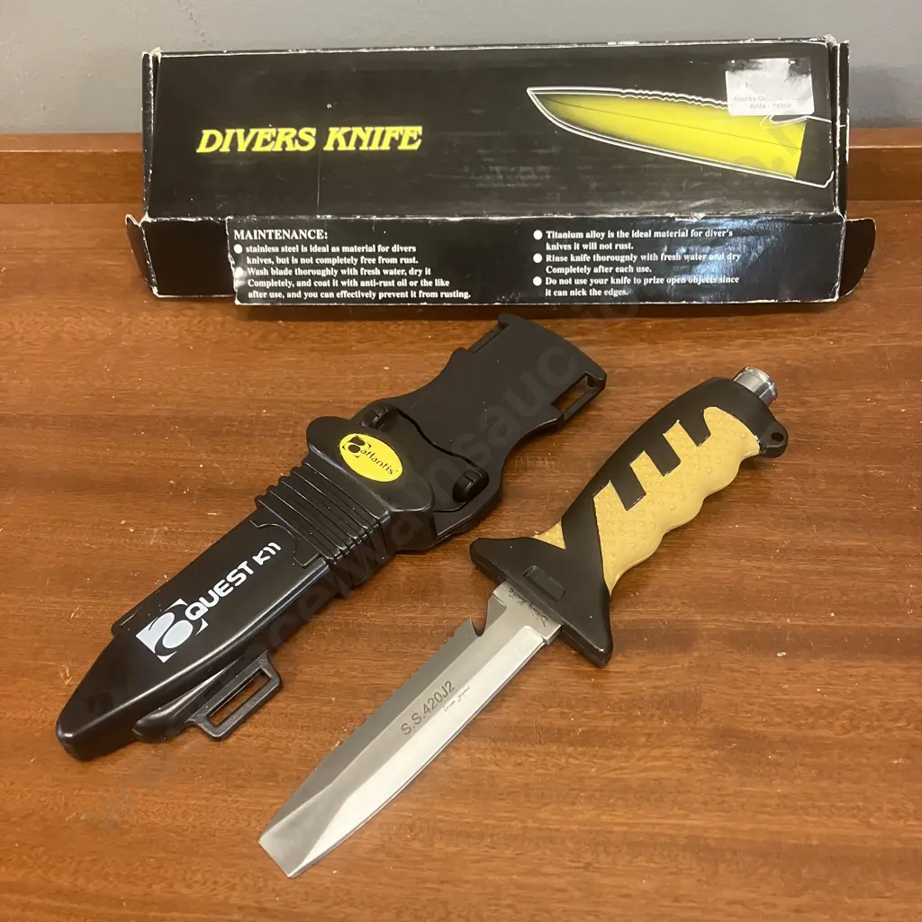 Atlantis Quest K11 Dive Knife, Yellow In Box - Marine Grade 420 Stainless Steel Chisel Tip Blade With Two Tone Sure-Grip Image 1++